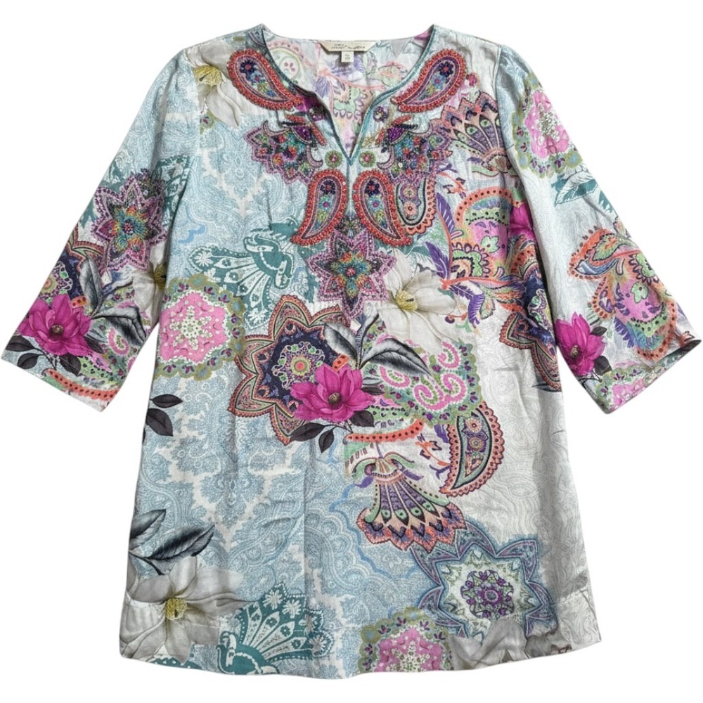 Soft Surroundings Tunic M Multi-Color Satin Beaded Paisley Floral Boho Eclectic